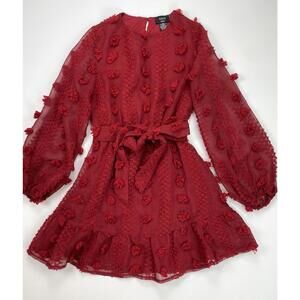 VICI Red Pom Textured Flowy Long Sleeve Mini Dress Elastic Waist With Belt Small